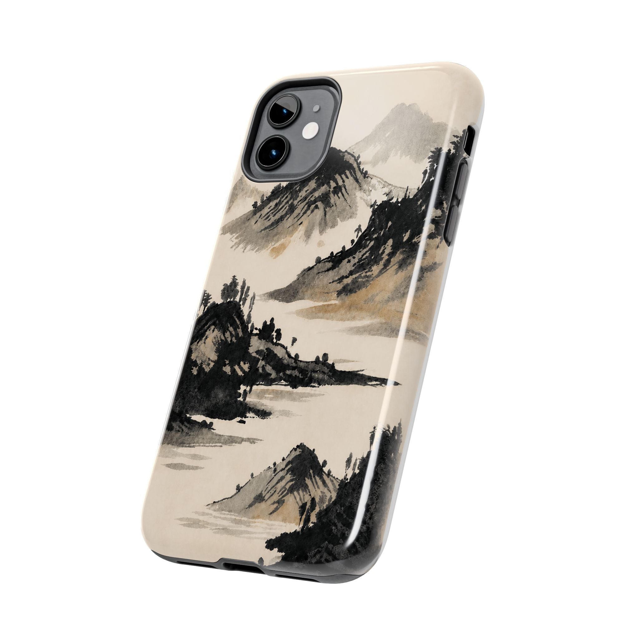 Phone case with watercolor landscape of mountains and trees in black and tan.