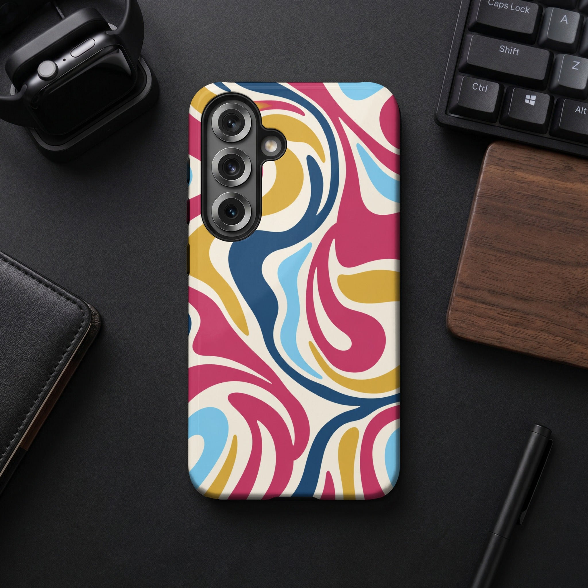 Phone case with a colorful abstract swirl pattern, featuring a camera array.