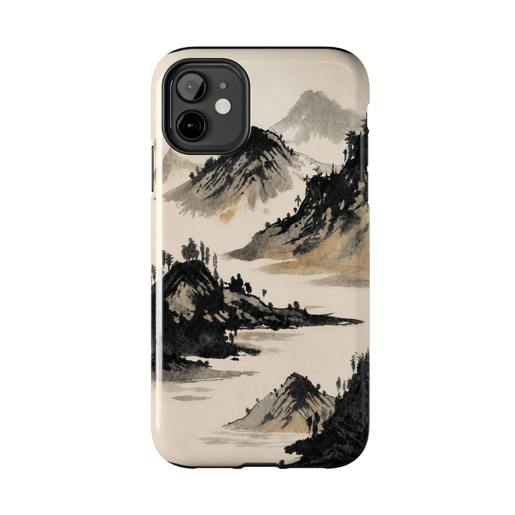 iPhone case with traditional ink wash landscape painting of mountains and water.