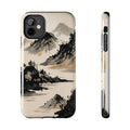 iPhone case with traditional ink wash painting of misty mountains and trees.
