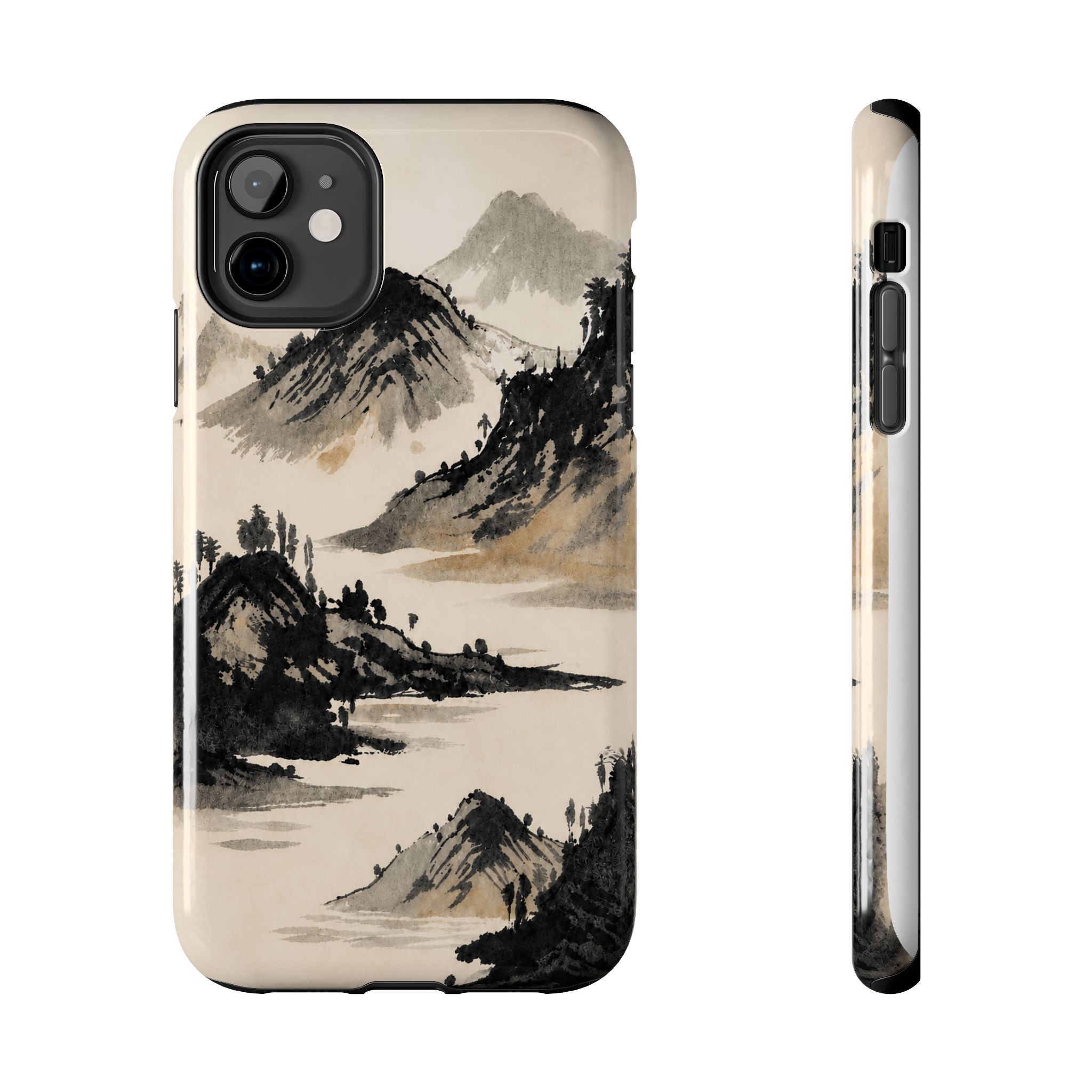 iPhone case with traditional ink wash painting of misty mountains and trees.