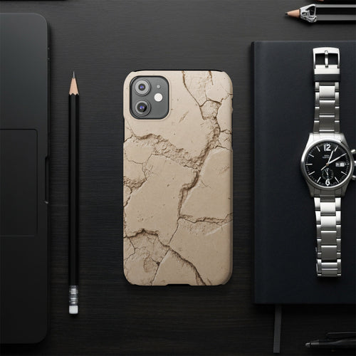iPhone case with cracked concrete texture on dark wooden surface.
