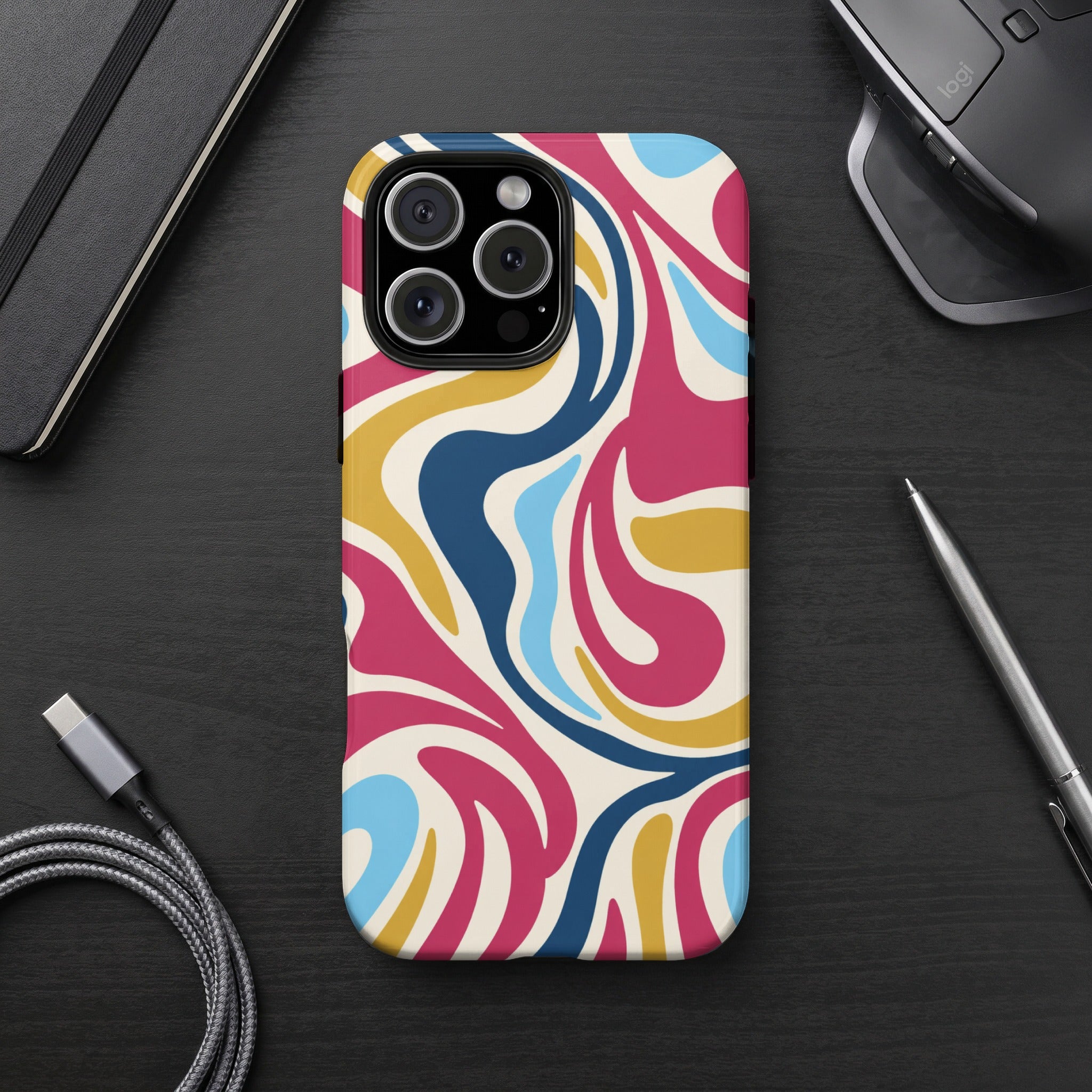 Phone case with abstract wavy pattern in pink, blue, yellow, and cream.