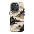 iPhone case with minimalist ink wash landscape painting of mountains and trees.