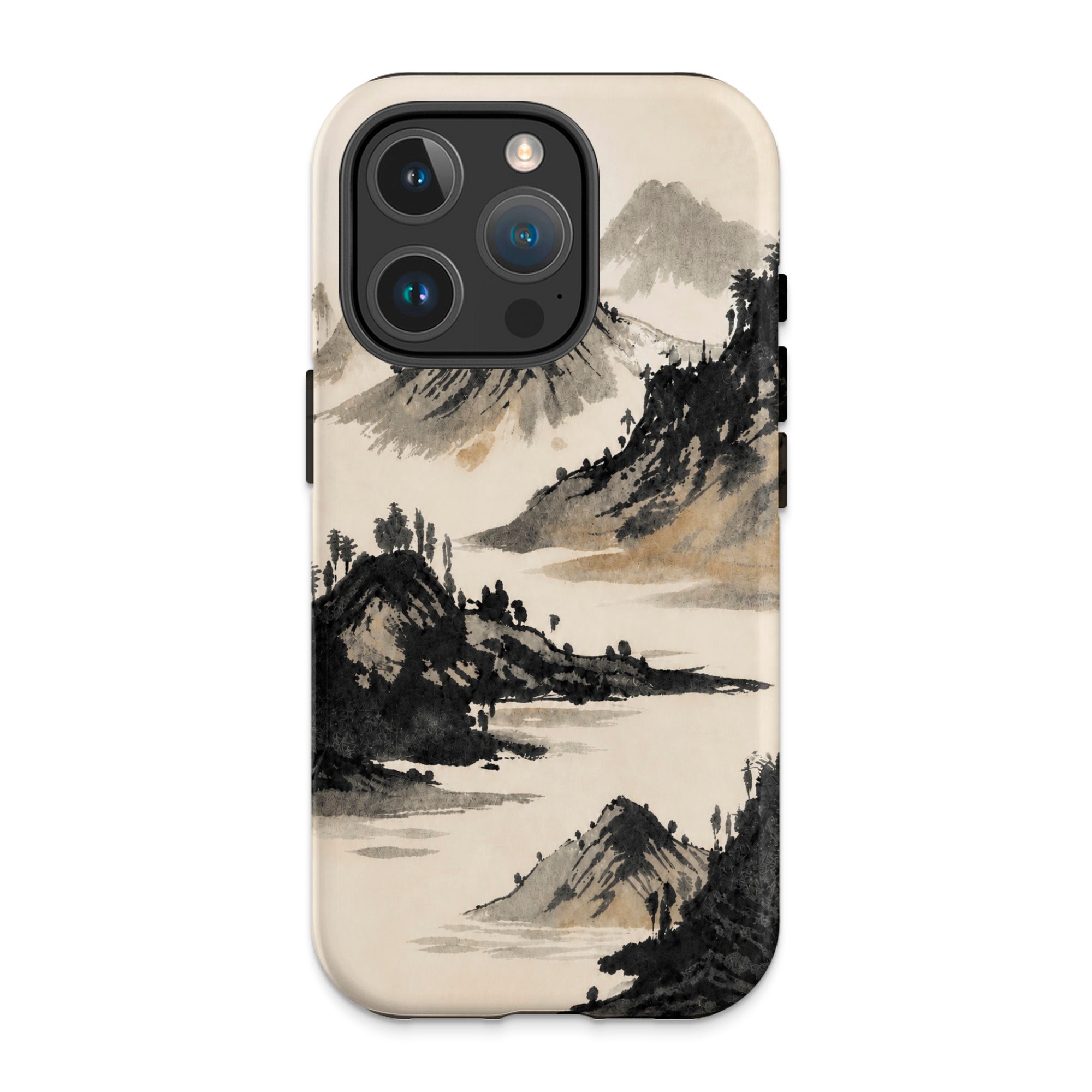 iPhone case with minimalist ink wash landscape painting of mountains and trees.