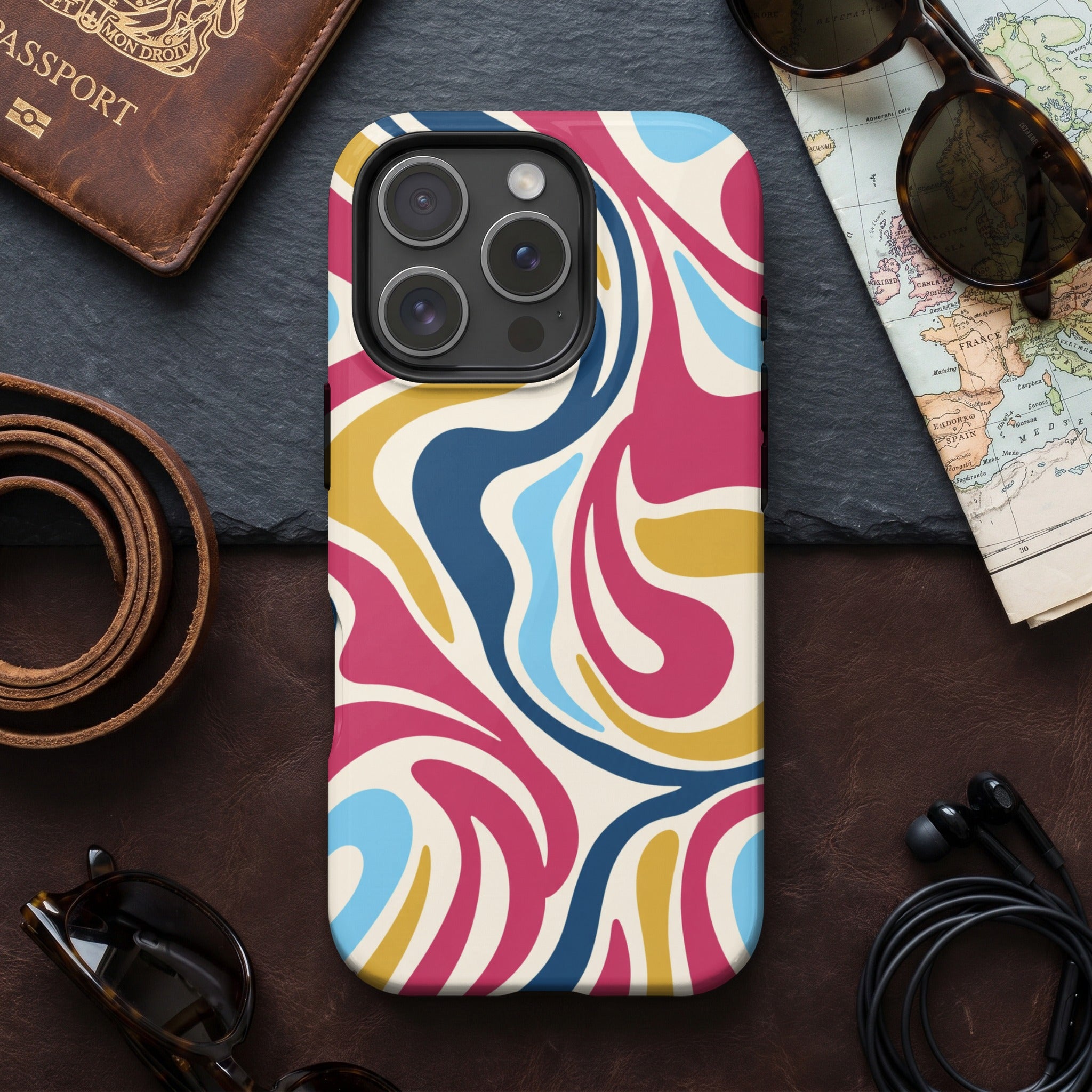iPhone case with a psychedelic swirl pattern of pink, blue, and yellow.