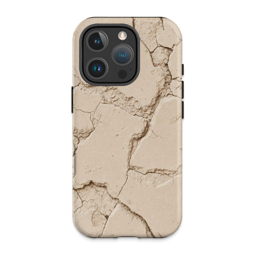 iPhone 14 Pro case with cracked beige textured design and triple camera cutout.