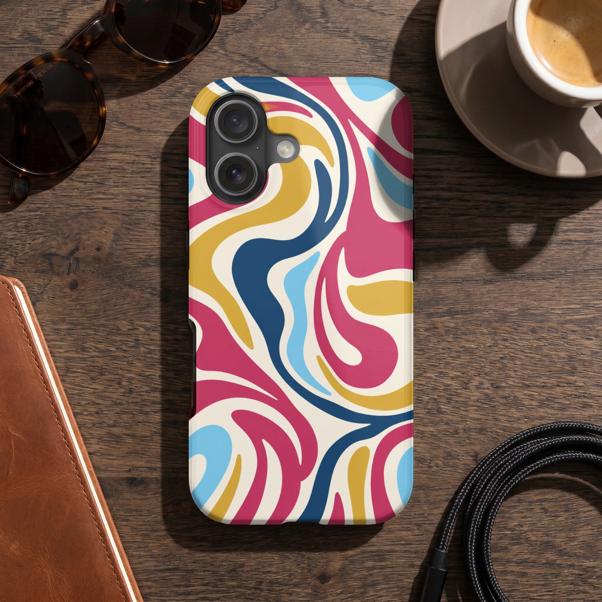 Phone case with a cream background and abstract wavy patterns in pink, yellow, blue, and light blue.
