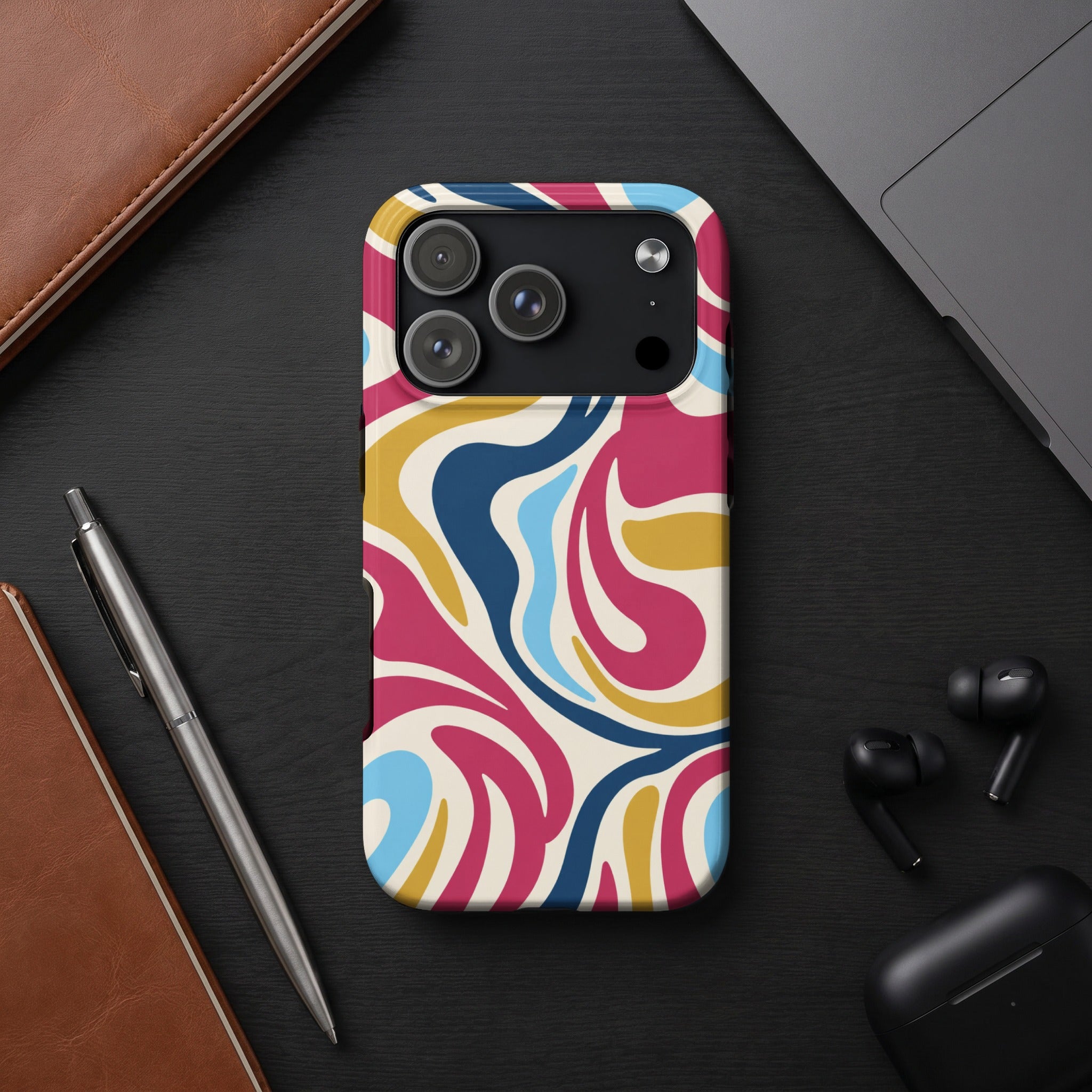 Phone case with colorful wavy pattern and three camera lenses.