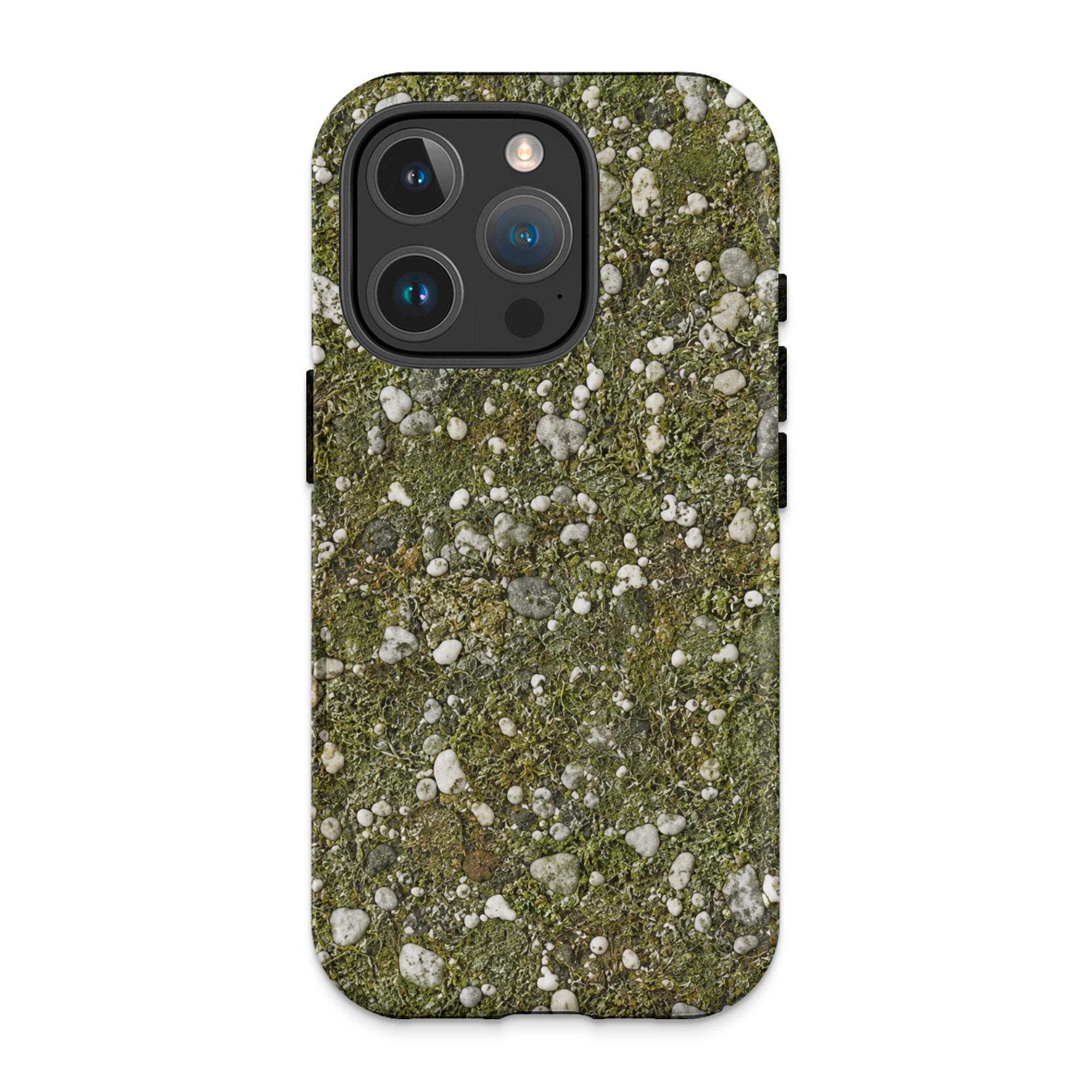 Phone case with green moss and white pebble pattern, featuring camera array.