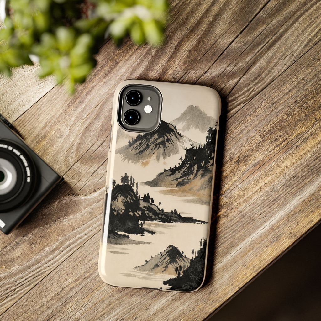 iPhone case with traditional East Asian ink wash landscape painting.