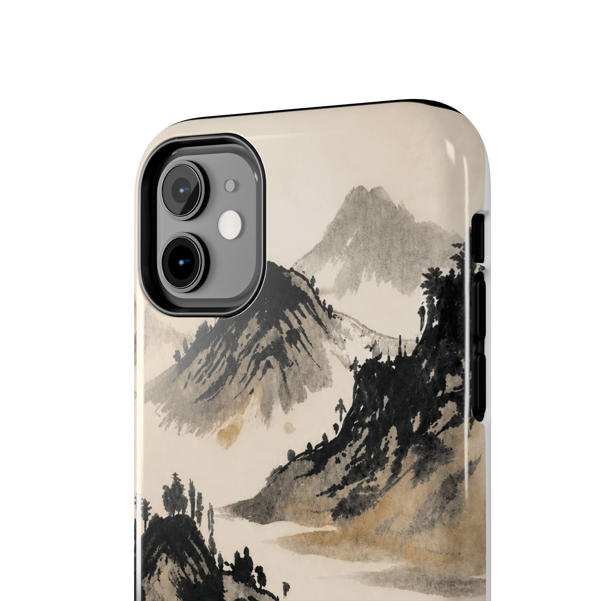 Phone case with an ink wash painting of misty mountains and trees.